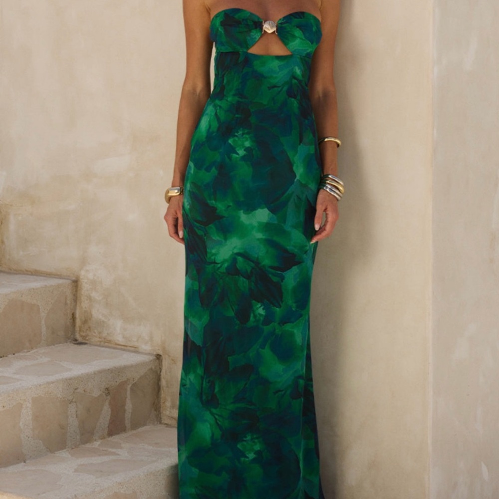 Runway The Label Green and Dark Green Maxi Dress with Gold Shell Accent